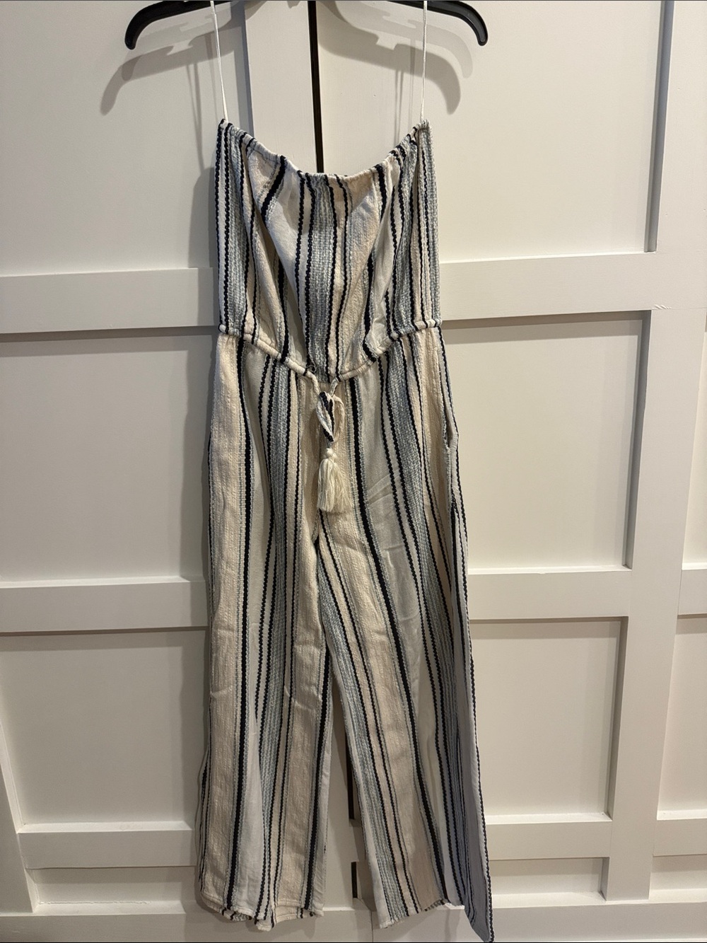 Striped Cream and Black Strapless Jumpsuit
